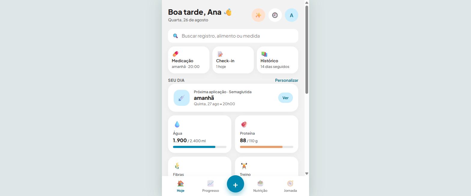 Tela inicial do NaMeta com medicação, água e proteína do dia