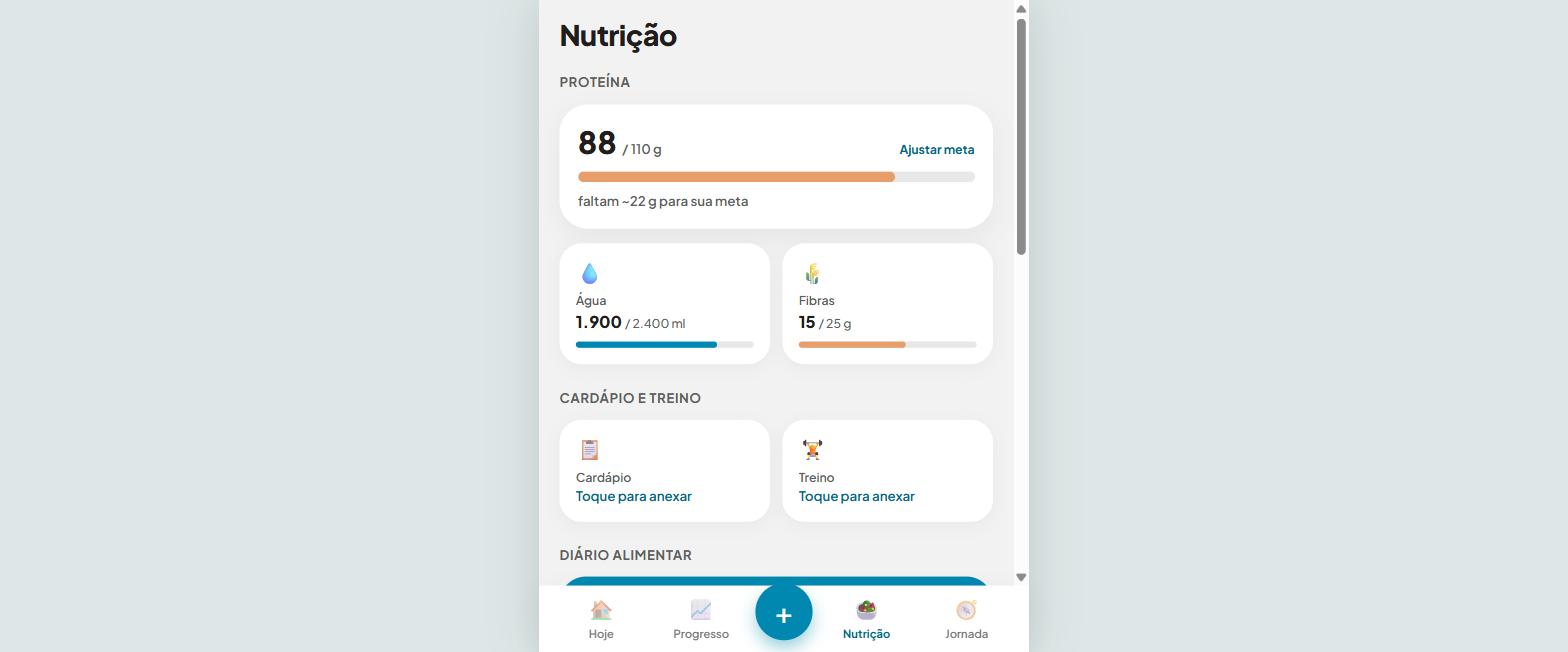 Tela de nutrição do NaMeta com metas de proteína, água e fibras